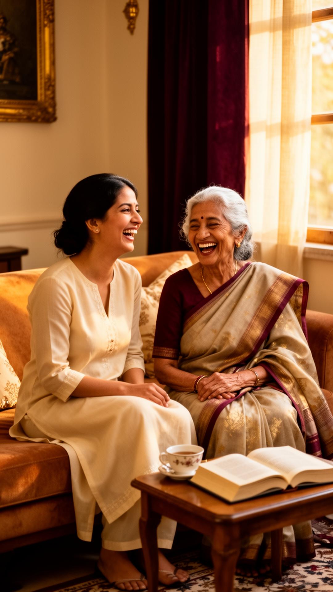 A Care Manager and an elder sharing a warm, joyful moment in a sunlit Delhi home
